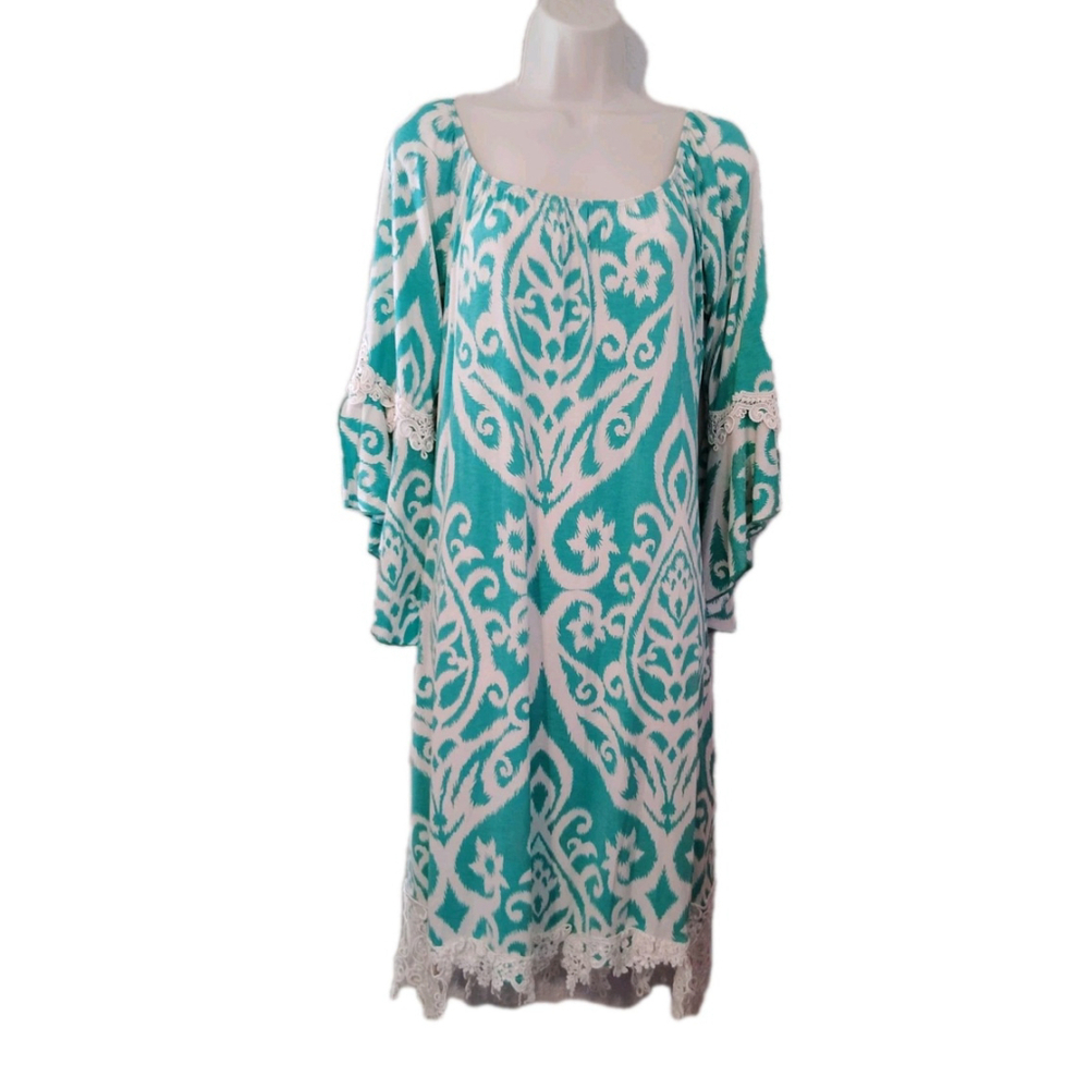 Boho Green Bell Sleeve Crochet country Summer Dress XL boutique